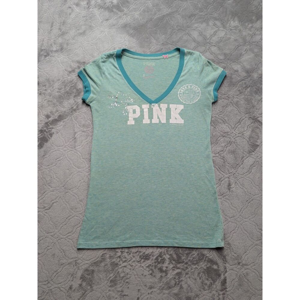 Victoria's Secret PINK T Shirt Small Aqua Blue Rhinestone Logo Y2K Preppy